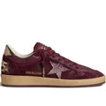 Golden Goose Ball Star trainers in burgundy suede with crystal star and metallic leather heels tab