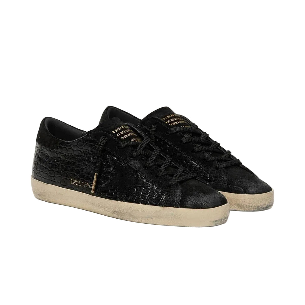 Golden Goose Super-Star LTD in black croc-print leather with black suede star and heel tab(Women's)