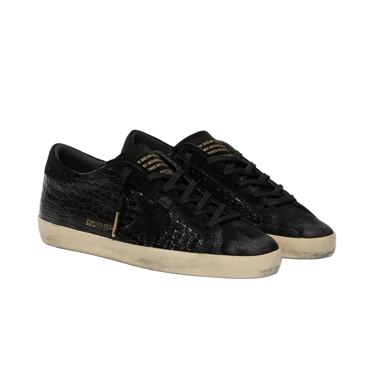 Golden Goose Super-Star LTD in black croc-print leather with black suede star and heel tab(Women's)