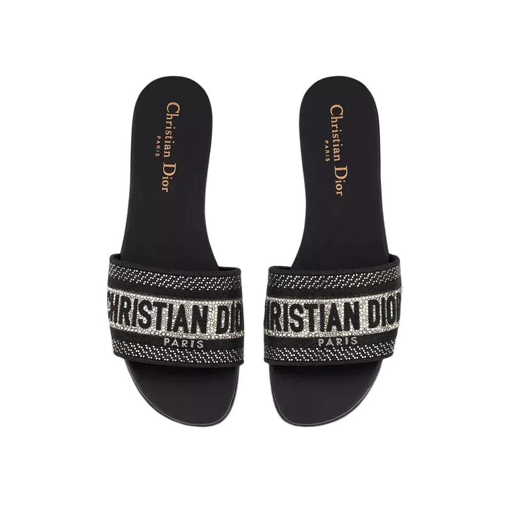 Cristian Dior Dway Slide Black Cotton Embroidery with Metallic Thread and Silver-Tone Strass