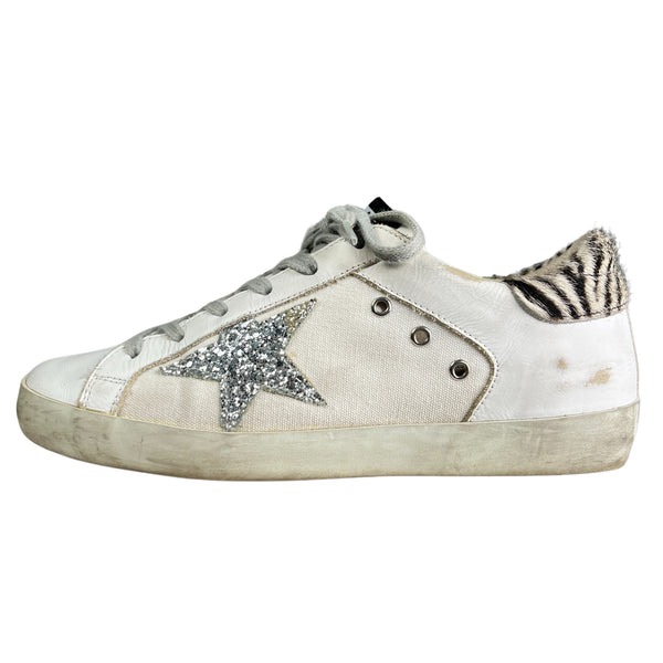Sale Golden Goose Super-Star sneakers signature silver glitter star and zebra-print heel