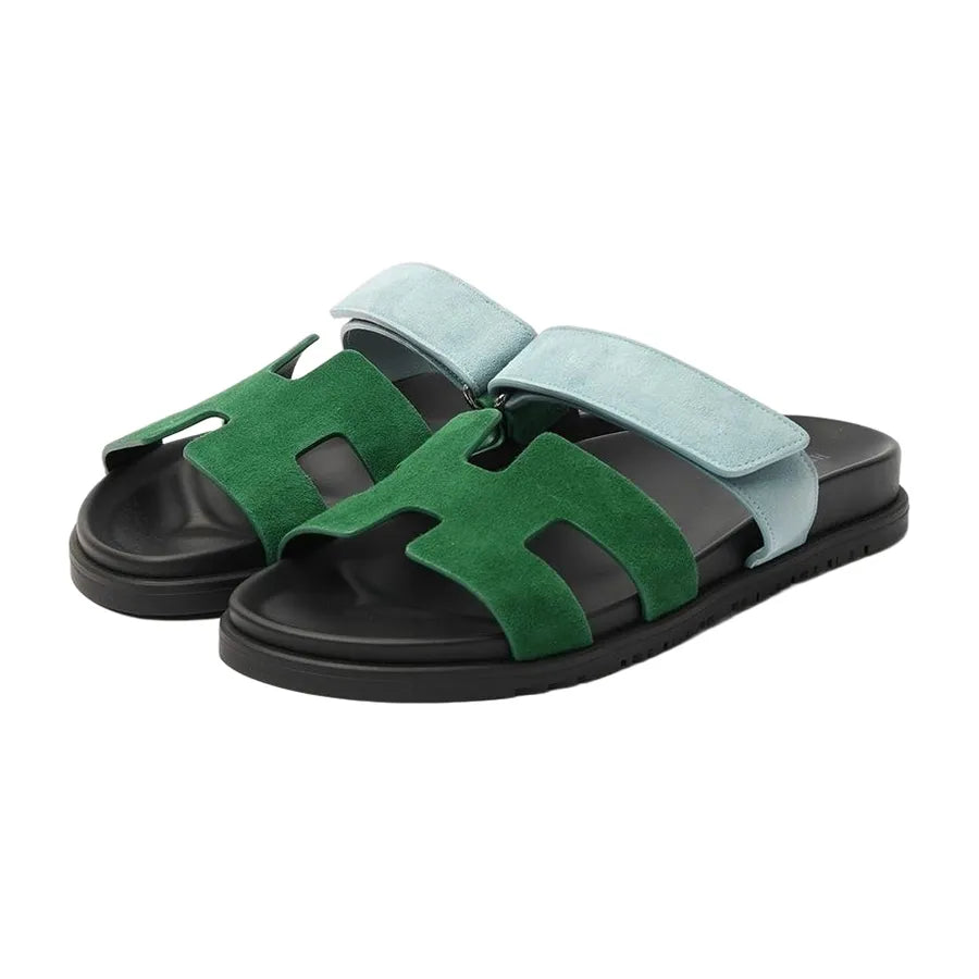 Hermes Bicolor Suede Goatskin Chypre Sandal Green Blue