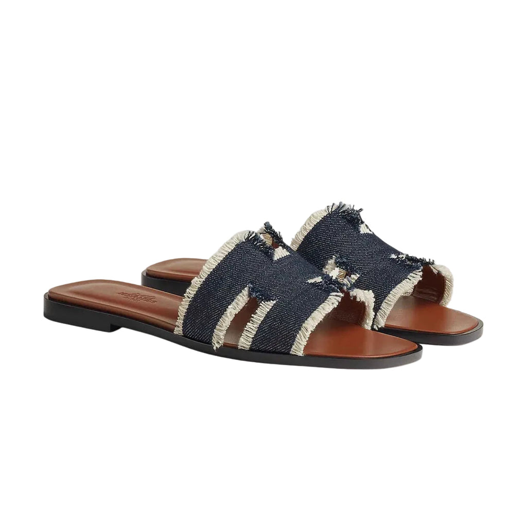 Hermes Oran Sandal Fringed Denim Bleu Brut